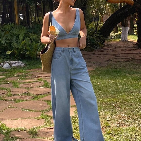 Blue Women's Washed Denim Camisole Top & Wide Leg Pants Casual Vacation Outfit - Picture 3 of 7
